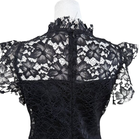 Enfocus Studio Black Floral Lace Cocktail Dress – Sheer Neckline & Ruffle Sleeve - Picture 6 of 8